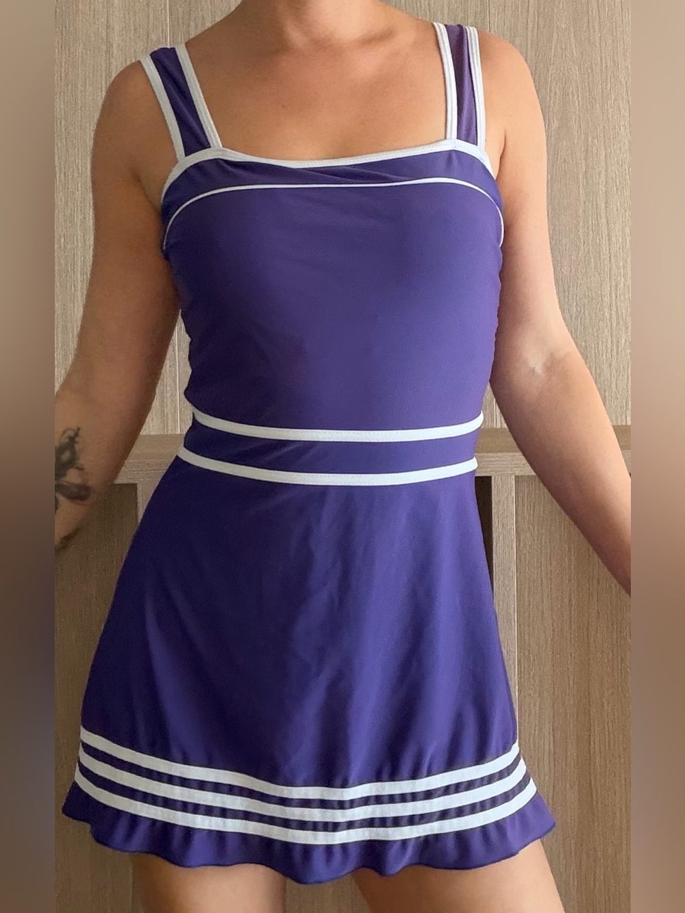 Shore Shapes Women's Purple Strappy Mini Swim Dress with Cream Trim